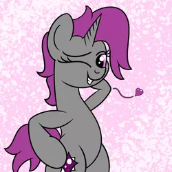 Size: 2000x2000 | Tagged: safe, artist:dafiltafish, derpibooru import, oc, oc:stardust, pony, unicorn, abstract background, bipedal, female, floating heart, heart, horn, image, looking at you, mare, one eye closed, pink background, png, pose, simple background, unicorn oc, wink