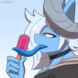 Size: 1457x1455 | Tagged: suggestive, artist:mopyr, derpibooru import, oc, oc:moosin, unofficial characters only, anthro, original species, blue tongue, choker, clothes, femboy, food, horn, ice cream, image, licking, long tongue, male, png, solo, tongue out