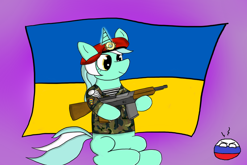 Size: 3000x2000 | Tagged: safe, artist:cyancomrade, derpibooru import, lyra heartstrings, clothes, country balls, flag, gun, image, military uniform, mouthpiece, png, russia, solo, ukraine, uniform, war, weapon