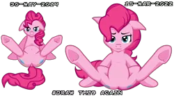 Size: 3164x1750 | Tagged: suggestive, artist:zeka10000, derpibooru import, pinkie pie, earth pony, pony, balloonbutt, belly, both cutie marks, butt, comparison, dock, draw this again, featureless crotch, female, floppy ears, image, looking at you, plot, png, presenting, redraw, simple background, sitting, solo, spreading, tail, transparent background, vector