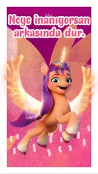 Size: 828x1472 | Tagged: safe, derpibooru import, official, sunny starscout, alicorn, bird, earth pony, pony, turkey, my little pony: a new generation, 2d, 3d, confident, facebook, facebook story, flying, friendly, g5, glow, glowing horn, glowing wings, horn, image, jpeg, looking at you, multicolored hair, open mouth, open smile, orange background, pink background, proud, raised hoof, raised hooves, simple background, smiling, smiling at you, social media, translated in the description, turkish, wings, writing