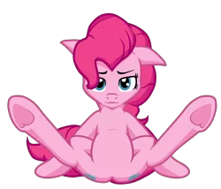 Size: 2048x1750 | Tagged: suggestive, artist:zeka10000, derpibooru import, pinkie pie, earth pony, pony, balloonbutt, belly, both cutie marks, butt, comparison, draw this again, featureless crotch, female, floppy ears, image, looking at you, plot, png, presenting, redraw, simple background, sitting, solo, spread legs, spreading, transparent background, vector