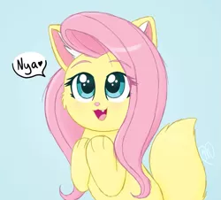 Size: 719x651 | Tagged: safe, artist:msaniiart, derpibooru import, fluttershy, cat, pegasus, pony, 2020, cat ears, catified, cute, daaaaaaaaaaaw, fangs, female, fluttercat, image, mare, nya, old art, open mouth, png, shyabetes, signature, simple background, solo, species swap, text