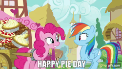 Size: 640x360 | Tagged: safe, derpibooru import, edit, edited screencap, editor:quoterific, screencap, pinkie pie, rainbow dash, earth pony, pegasus, pony, season 7, secrets and pies, animated, duo, female, flying, food, gif, gifs.com, image, impact font, mare, open mouth, open smile, pi day, pie, shrunken pupils, smiling, spread wings, text, wagon, wings