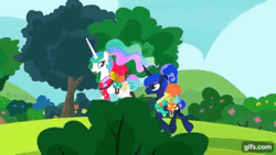 Size: 640x360 | Tagged: safe, derpibooru import, screencap, discord, flam, fleetfoot, flim, gabby, garble, gilda, princess celestia, princess luna, silverstream, soarin', spitfire, thorax, trixie, zecora, alicorn, changedling, changeling, draconequus, dragon, gryphon, hippogriff, pegasus, pony, unicorn, zebra, between dark and dawn, season 9, spoiler:s09, ^^, animated, brothers, cape, clothes, cute, cutelestia, dragoness, duo focus, eyes closed, female, flim flam brothers, flying, gif, gifs.com, hat, image, king thorax, lotta little things, lunabetes, male, mare, open mouth, open smile, siblings, smiling, spread wings, stallion, tree, trixie's cape, trixie's hat, trixie's wagon, uniform, wagon, walking, wings, wonderbolts uniform