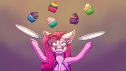 Size: 1024x576 | Tagged: safe, artist:maneblue, derpibooru import, pinkie pie, earth pony, pony, fanfic:cupcakes, abstract background, bust, cupcake, ear fluff, female, food, grin, image, implied fluttershy, implied rainbow dash, implied rarity, implied twilight sparkle, insanity, jpeg, looking up, mare, pinkamena diane pie, smiling, solo