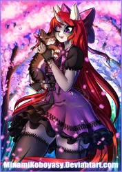 Size: 2893x4092 | Tagged: safe, artist:minamikoboyasy, derpibooru import, oc, oc:selune darkeye, unofficial characters only, anthro, cat, plantigrade anthro, unicorn, :3, anthro oc, body markings, bow, chains, cherry blossoms, closed eye, clothes, coat markings, commission, cute, dress, ear fluff, facial markings, female oc, flower, flower blossom, flowing hair, flowing mane, flowing tail, goth, hair, hair bow, halfbody, horn, image, jewelry, leaves, lips, markings, moon, petals, png, purple eyes, redhead, rubbing cheeks, smiling, snip (coat marking), socks, solo, tail, thigh highs, thighs, tree, unicorn oc, whiskers