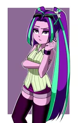 Size: 1080x1700 | Tagged: safe, artist:nekojackun, derpibooru import, aria blaze, equestria girls, bare shoulders, clothes, female, image, jpeg, looking at you, raised eyebrow, shorts, sleeveless, socks, solo, sunglasses, thigh highs, vest