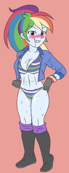 Size: 1159x2900 | Tagged: questionable, artist:sumin6301, derpibooru import, rainbow dash, equestria girls, abs, alternate hairstyle, blushing, breasts, clothes, coral background, drool, gloves, image, jpeg, looking at you, shoes, simple background, sweat, sweatdrops, vaginal secretions