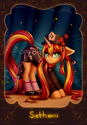 Size: 1668x2388 | Tagged: safe, artist:setharu, derpibooru import, sunset shimmer, pony, clothes, cosplay, costume, crossover, drapes, ear fluff, eyebrows, eyebrows visible through hair, eyelashes, female, floppy ears, genshin impact, hat, horn, hu tao, image, mare, png, princess celestia's cutie mark, signature, socks, solo, sunset cosplay flashmob, tail, tongue out