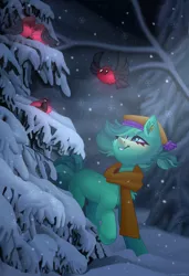 Size: 2742x4000 | Tagged: safe, artist:irinamar, derpibooru import, oc, unofficial characters only, bird, earth pony, pony, clothes, forest, image, jpeg, night, scarf, snow, snowfall, solo, tree