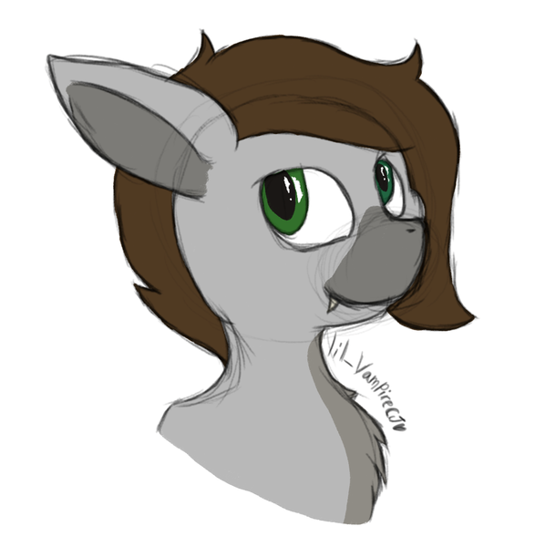 Size: 1058x1082 | Tagged: safe, artist:lil_vampirecj, derpibooru import, oc, oc:cj vampire, earth pony, pony, art, artwork, brown mane, bust, colored, colored sketch, digital art, fangs, floppy ears, green eyes, grey fur, image, krita, looking at you, photo, png, portrait, sketch, smiling, smiling at you, solo