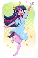 Size: 1544x2380 | Tagged: safe, artist:nendo, derpibooru import, twilight sparkle, human, equestria girls, barefoot, breasts, bunny ears, cute, ear piercing, earring, feet, humanized, image, jewelry, open mouth, piercing, png, small breasts, standing, standing on one leg, tail, tailed humanization, twiabetes