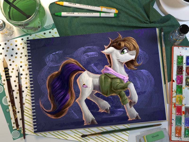 Size: 2732x2048 | Tagged: safe, artist:thatonegib, derpibooru import, oc, oc:cj vampire, unofficial characters only, earth pony, clothes, digital art, full body, hoodie, image, jacket, jpeg, painting, realistic paint studio, solo, traditional art