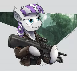 Size: 1920x1772 | Tagged: safe, artist:buckweiser, derpibooru import, twilight velvet, unicorn, series:daring did tales of an adventurer's companion, assault rifle, badass, clothes, commission, grenade launcher, gun, image, jacket, jpeg, leather jacket, rifle, scar, smiling, smirk, solo, steyr aug, steyr aug a3, weapon, ych result