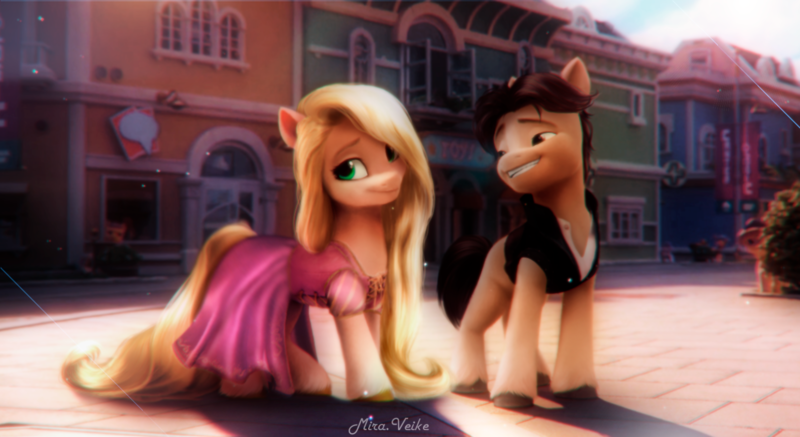 Size: 1473x804 | Tagged: safe, artist:mira.veike, derpibooru import, screencap, oc, ponified, earth pony, pony, my little pony: a new generation, art, caption, cargo ship, crossover, digital, digital art, disney, drawing, eugene fitzherbert, fanart, female, g5, illustration, image, image macro, mare, my little pony, oc x oc, photo shoot, photoshop, png, rapunzel, recolor, shipping, tangled (disney), text