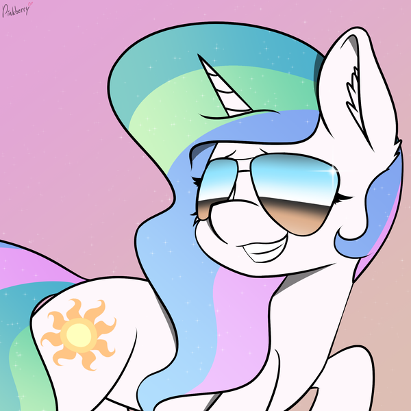 Size: 2253x2253 | Tagged: safe, artist:pinkberry, derpibooru import, princess celestia, aviators, cool, grin, image, png, smiling, sunglasses