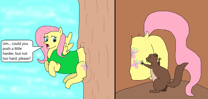 Size: 1930x922 | Tagged: safe, artist:goofermutt, derpibooru import, fluttershy, squirrel, butt, clothes, cute, image, png, pushing, shyabetes, stuck, tree