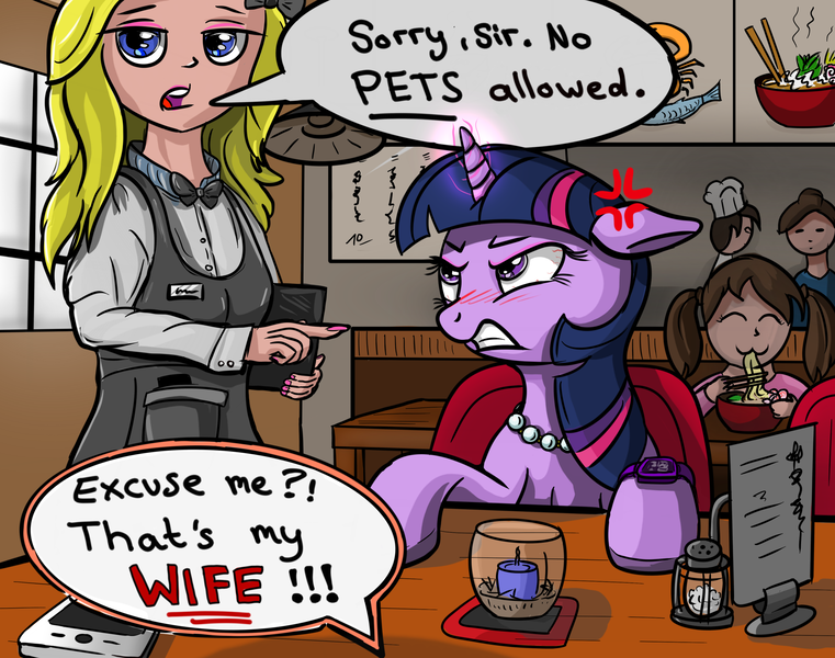 Size: 2914x2298 | Tagged: safe, artist:celsian, derpibooru import, twilight sparkle, human, pony, unicorn, friendship is magic, angry, apron, blonde, bloodshot eyes, cafe, candle, chef, chef's hat, clothes, cross-popping veins, dialogue, emanata, eyeshadow, female, floppy ears, food, glare, gritted teeth, hasbro, hat, headwear, high res, image, imminent pain, implied marriage, interspecies, iphone, japanese, jewelry, makeup, male, mare, married couple, menu, mobile phone, moon runes, name tag, necklace, noodles, offscreen character, offscreen male, pearl necklace, phone, png, pov, ramen, restaurant, salt shaker, self insert, smartphone, smartwatch, speech bubble, table, tablet, teeth, text, this will end in property damage, this will end in tears, unicorn twilight, upset, waifu, waitress, watch, wife, woman