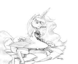 Size: 1400x1147 | Tagged: safe, artist:baron engel, derpibooru import, princess celestia, oc, oc:heartbreaker, alicorn, earth pony, pony, butt, image, jpeg, monochrome, pencil drawing, plot, traditional art