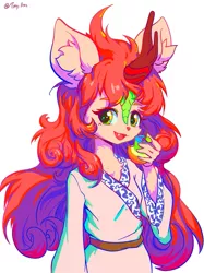 Size: 967x1290 | Tagged: safe, artist:tinybenz, derpibooru import, autumn blaze, anthro, kirin, apple, clothes, cute, cute little fangs, ear fluff, fangs, food, hanfu, image, jpeg, looking at you, robe, simple background, solo, white background, zap apple