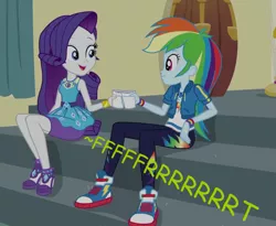 Size: 759x621 | Tagged: suggestive, artist:thedarkpony, derpibooru import, edit, edited screencap, screencap, rainbow dash, rarity, equestria girls, equestria girls series, happily ever after party, cropped, fart, fart edit, fart noise, female, image, onomatopoeia, png, sound effects