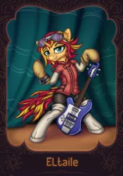 Size: 1886x2700 | Tagged: safe, artist:alrumoon_art, artist:eltaile, derpibooru import, sunset shimmer, pony, semi-anthro, unicorn, anime, bipedal, bracelet, clothes, cosplay, costume, female, flcl, goggles, guitar, haruhara haruko, image, jewelry, jpeg, mare, musical instrument, solo, sunset cosplay flashmob