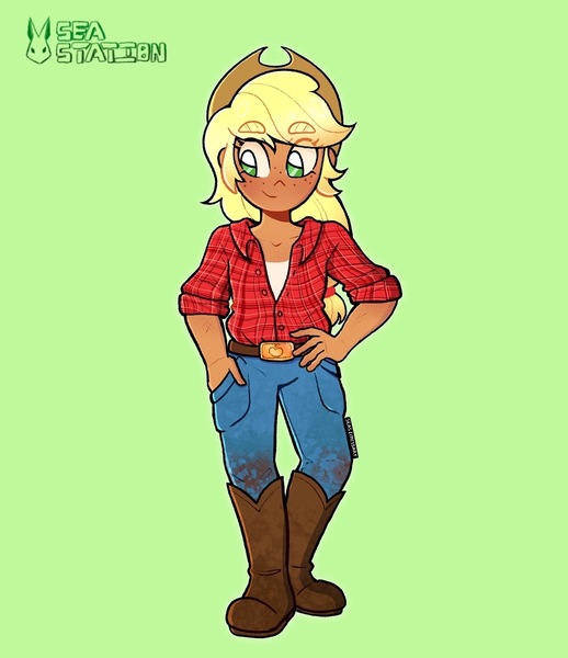 Size: 1440x1669 | Tagged: safe, artist:seasemissary, derpibooru import, applejack, human, boots, clothes, green background, humanized, image, jpeg, pants, shirt, shoes, simple background, solo