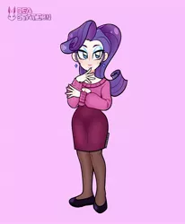 Size: 1440x1745 | Tagged: safe, artist:seasemissary, derpibooru import, rarity, human, clothes, humanized, image, jpeg, pink background, shirt, simple background, skirt, solo