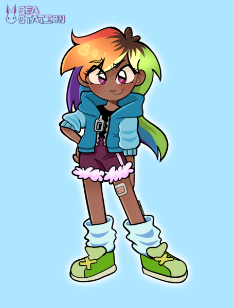 Size: 2110x2780 | Tagged: safe, artist:seasemissary, derpibooru import, rainbow dash, human, blue background, chibi, clothes, hoodie, humanized, image, png, shorts, simple background, solo