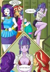 Size: 1668x2388 | Tagged: suggestive, artist:feudal-fiction, artist:jennobasilicum, artist:mlp-cam, derpibooru import, rarity, starlight glimmer, sunset shimmer, comic:equestria girls curse and madness, equestria girls, absolute cleavage, big breasts, blouse, bra, breasts, busty starlight glimmer, cleavage, clothes, comic, cutie mark, cutie mark on equestria girl, female, image, miniskirt, png, short skirt, skirt, speech bubble, stupid sexy starlight glimmer, tight clothing, unbuttoned, underwear