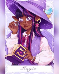 Size: 1080x1350 | Tagged: safe, artist:kasuallykoi, derpibooru import, twilight sparkle, human, alicorn humanization, blackwashing, book, bowtie, bracelet, constellation, dark skin, detailed background, ear piercing, earring, element of magic, female, g4, hat, horn, horned humanization, humanized, image, jewelry, jpeg, looking at something, pearl, piercing, pointed ears, potions, solo, sparkly, sparkly eyes, straight hair, sweater vest, wingding eyes, winged humanization, wings, witch hat