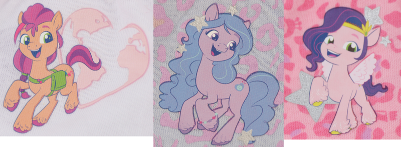 Size: 1234x454 | Tagged: safe, derpibooru import, edit, official, izzy moonbow, pipp petals, sunny starscout, earth pony, pegasus, pony, unicorn, my little pony: a new generation, 2d, accessories, bag, compilation, cropped, cutie mark, excited, friendly, g5, heart, image, looking at you, looking away, merchandise, miscolored, missing horn, pattern, png, prancing, raised hoof, royalty, russia, smiling, smiling at you, stars