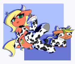 Size: 3500x3000 | Tagged: suggestive, artist:lockheart, derpibooru import, oc, oc:bahama nectar, oc:papaya nectar, unofficial characters only, earth pony, pony, anus cameltoe, arm warmers, art trade, bedroom eyes, bikini, bottle, butt, clothes, cow costume, cowkini, cowprint, derp, duo, duo female, ear tag, fake horns, female, freckles, heart eyes, hoof hold, image, looking at you, mare, milf, mother and child, mother and daughter, plot, png, raised leg, smiling, socks, squatpony, string bikini, swimsuit, thigh highs, tongue out, wingding eyes