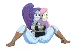 Size: 4152x2832 | Tagged: suggestive, artist:carnifex, derpibooru import, fluttershy, rarity, equestria girls, arm behind back, back to back, bondage, bound together, cowgirl, femsub, fluttersub, gag, image, looking at each other, looking at someone, looking back, png, rarisub, rope, rope bondage, sitting, submissive, tape, tape gag, tied up