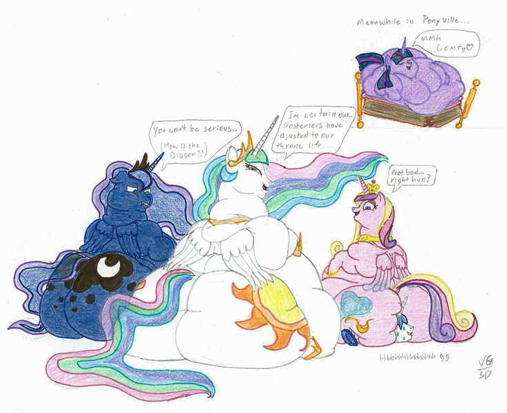 Size: 1400x1141 | Tagged: suggestive, derpibooru import, princess cadance, princess celestia, princess luna, shining armor, twilight sparkle, alicorn, pony, unicorn, alicorn triarchy, ass, blushing, butt, chubbylestia, double chin, faceful of ass, fat, fat fetish, female, fetish, furniture abuse, huge butt, image, impossibly large butt, large butt, looking at you, lovebutt, mare, moonbutt, morbidly obese, obese, pile, plot, plot pile, png, princess decadence, princess moonpig, royal fitness, sitting, speech bubble, sunbutt, traditional art, twilard sparkle