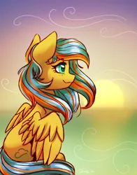 Size: 2328x2964 | Tagged: safe, artist:dandy, derpibooru import, oc, oc:ocean breeze, unofficial characters only, pegasus, pony, female, image, looking away, ocean, pegasus oc, png, questionable source, solo, sunset, water, wings
