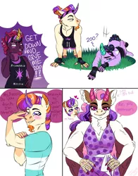 Size: 2200x2800 | Tagged: safe, artist:theartfox2468, derpibooru import, fizzlepop berrytwist, tempest shadow, oc, oc:athena, oc:ignatius spark, oc:solar flare, anthro, dracony, hybrid, pony, unguligrade anthro, artificial horn, clothes, comic, crystal horn, dialogue, dress, facial hair, female, flexing, floating heart, goatee, hand on hip, heart, horn, horns, image, interspecies offspring, male, mare, offspring, parent:discord, parent:princess celestia, parent:rarity, parent:spike, parent:starlight glimmer, parent:sunburst, parents:dislestia, parents:sparity, parents:starburst, png, push-ups, simple background, speech bubble, stallion, tempest gets her horn back, white background