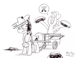 Size: 1200x900 | Tagged: safe, artist:mellodillo, derpibooru import, applejack, pinkie pie, earth pony, pony, applejack is not amused, black and white, cart, duo, female, food, frown, grayscale, image, mare, messy, monochrome, nose in the air, open mouth, open smile, pi, pi day, pie, pinkie pi, png, pun, simple background, smiling, speech bubble, squint, unamused, volumetric mouth, white background