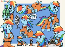 Size: 1280x943 | Tagged: safe, artist:scribblespark, derpibooru import, rainbow dash, tank, pegasus, pony, bored, bound wings, chained, chains, clothes, cuffs, eyes closed, fan, food, grossed out, image, key, png, prison outfit, prisoner rd, shackles, wings