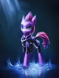 Size: 2050x2664 | Tagged: safe, artist:stdeadra, derpibooru import, tempest shadow, pony, unicorn, armor, blue background, eyebrow piercing, female, high res, image, lightning, looking at you, magic, mare, piercing, png, purple hair, reflection, shadow, simple background, smiling, smiling at you, solo, speedpaint