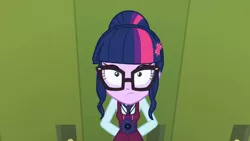 Size: 3410x1920 | Tagged: safe, derpibooru import, screencap, sci-twi, twilight sparkle, equestria girls, friendship games, female, glasses, high res, image, jpeg, lockers, magic capture device, shrunken pupils, solo