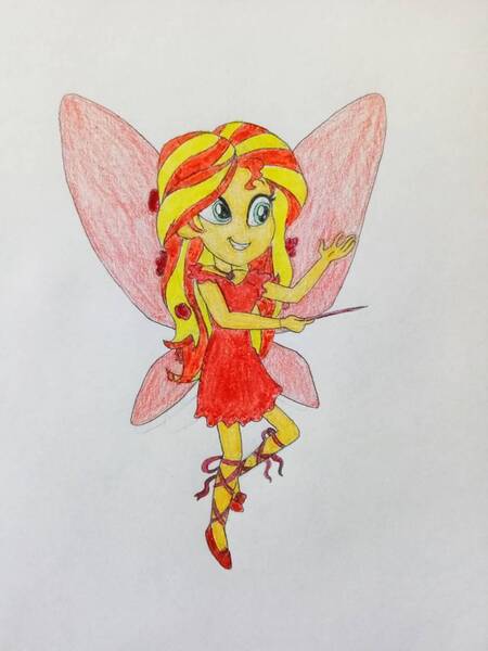 Size: 864x1152 | Tagged: safe, artist:wildguardianangel31, derpibooru import, sunset shimmer, fairy, human, equestria girls, ballet slippers, barely eqg related, clothes, crossover, fairy wings, fairyized, flower, flower in hair, geode of empathy, image, jewelry, jpeg, magic wand, magical geodes, necklace, rainbow magic (series), red dress, red shoes, red wings, rose, ruby the red fairy, shoes, wings