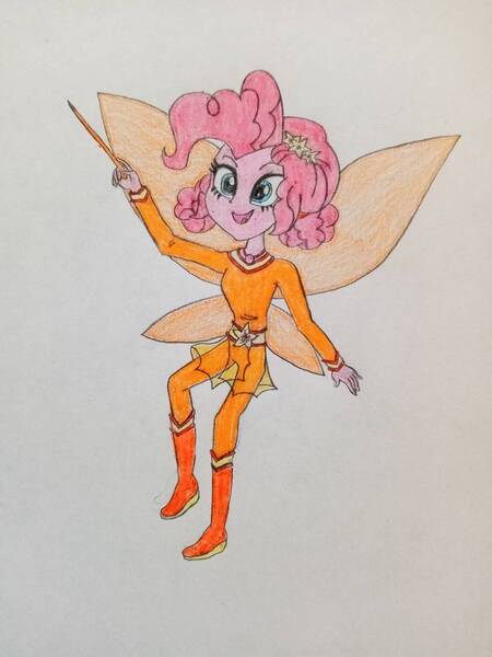 Size: 864x1152 | Tagged: safe, artist:wildguardianangel31, derpibooru import, pinkie pie, fairy, human, equestria girls, amber the orange fairy, barely eqg related, bodysuit, boots, clothes, crossover, fairy wings, fairyized, flower, flower in hair, geode of sugar bombs, high heel boots, image, jewelry, jpeg, magic wand, magical geodes, necklace, open mouth, orange wings, pigtails, rainbow magic (series), shoes, wings