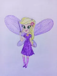 Size: 864x1152 | Tagged: safe, artist:wildguardianangel31, derpibooru import, applejack, fairy, equestria girls, barely eqg related, bracelet, clothes, crossover, dress, fairy wings, fairyized, flower, flower in hair, geode of super strength, heather the violet fairy, image, jewelry, jpeg, looking at you, magic wand, magical geodes, necklace, open mouth, purple dress, purple shoes, purple wings, rainbow magic (series), shoes, wings