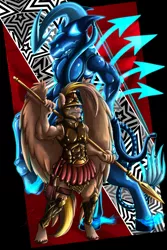 Size: 853x1280 | Tagged: safe, artist:jamescorck, derpibooru import, oc, oc:zeus, unofficial characters only, anthro, pegasus, ambiguous gender, armor, commission, digital art, image, jpeg, male, spear, tail, weapon, wings