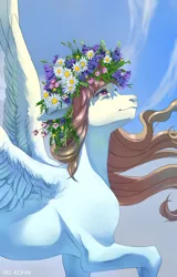 Size: 1600x2500 | Tagged: safe, artist:yke_kohai, derpibooru import, oc, pegasus, pony, bust, female, floral head wreath, flower, flower in hair, happy, image, png, portrait, sky, smiling, solo, spring, sun, wind, windswept mane