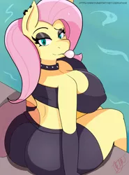 Size: 947x1280 | Tagged: suggestive, artist:athom, derpibooru import, fluttershy, anthro, pegasus, ass, bedroom eyes, big breasts, breasts, bubblegum, busty fluttershy, butt, choker, clothes, digital art, ear piercing, erect nipples, female, flutterbutt, food, goth, gum, huge breasts, image, jpeg, looking at you, looking back, looking back at you, nipple outline, piercing, shorts, solo, solo female, swimming pool, tanktop, thighs, wide hips