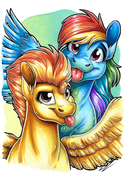 Size: 2480x3455 | Tagged: safe, artist:lupiarts, derpibooru import, rainbow dash, spitfire, :p, adorable face, commission, cute, drawing, duo, duo female, female, illustration, image, jpeg, lesbian, looking at you, mlem, shipping, silly, spitdash, spread wings, tongue out, traditional art, wings, wonderbolts