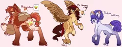 Size: 3100x1200 | Tagged: safe, artist:kittenkat20022, derpibooru import, oc, oc:ambrosia crisp, oc:mc nervous may, oc:prudence huckleberry, unofficial characters only, earth pony, pegasus, pony, bandana, bow, braid, coat markings, earth pony oc, female, hair bow, image, magical lesbian spawn, mare, nose piercing, nose ring, offspring, parent:applejack, parent:big macintosh, parent:fluttershy, parent:rarity, parent:trouble shoes, parent:troubleshoes clyde, parents:fluttermac, parents:rarijack, parents:troubleshy, pegasus oc, piercing, pink background, png, sack, simple background, straw in mouth, tail, tail wrap, trio, unshorn fetlocks, white background, wings
